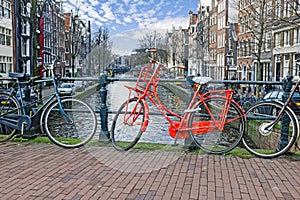 Bikes on the bridge in Amsterdam the Netherlands