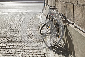 Bikes on Cobblestone Street, Stockholm, Sweden