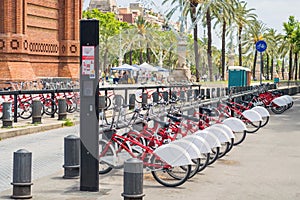 Bikes for rent on bicycle parking in Barcelona