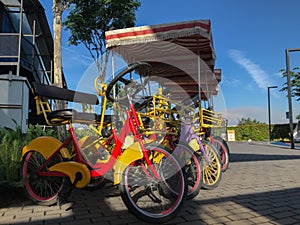 Bikes for rent on the street. Sunny day