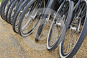 Bikes stand in a row on a parking.