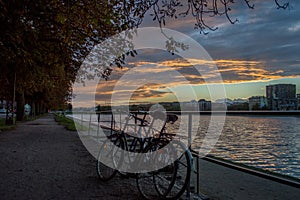 Bikes and Sunset at the Lakes, in Copenhagen