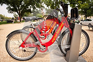 Bike share dock with bicycles in Washington, DC