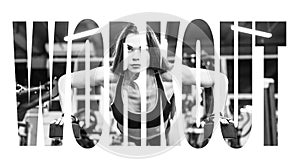 Bikini fitness girl working out with dumbbells. Athlete woman in sportswear doing exercise in gym. Motivation sign.