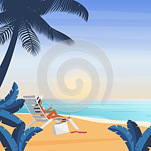 Bikini girl lying on deckchair, sea beach tropical vacation, girl in hat resting in chair