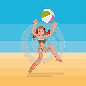 Bikini girl playing ball on the beach.