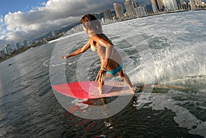 Bikini surfer girl surfing