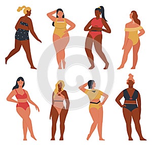 Bikini woman poses set, cartoon happy plus size female characters in swimsuits posing