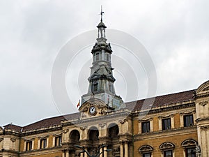 Bilbao City Hall front facade with clock on the tower