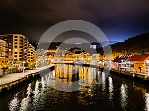 Bilbao night view. Nervion river perpective view, Spain