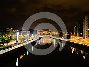 Bilbao night view. Nervion river perpective view, Spain