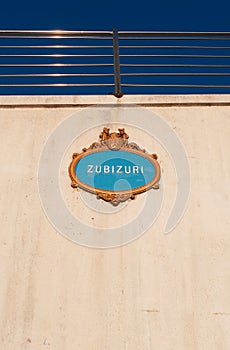 Sign, Zubizuri, bridge, Bilbao, province of Biscay, Basque Country, Spain, Iberian Peninsula, Europe