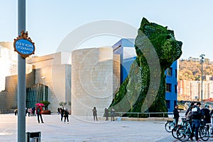 BILBAO, SPAIN-DECEMBER 18, 2021 : Puppy stands guard at Guggenheim Museum in Bilbao, Biscay, Basque Country, Spain. Landmarks. Dog