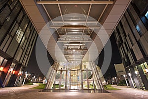 Night scene of Entrance of Iberdrola skyscraper office building