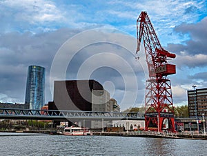 Bilbao, Spain march 27th 2024: the crane named La Carola, Nervion River and Euskalduna Bridge