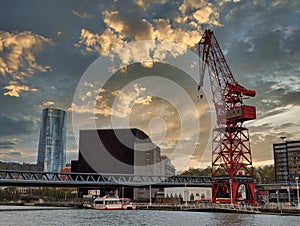 Bilbao, Spain march 27th 2024: the crane named La Carola, Nervion River and Euskalduna Bridge