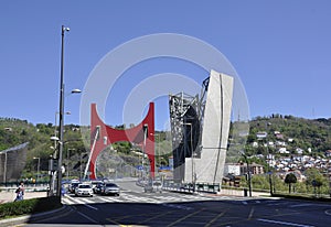 Bilbao, 13th april: Arcos Rojos by Daniel Buren of Salbeko Zubia Bridge from Bilbao city in Spain