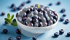 Bilberries in white bowl on blue background