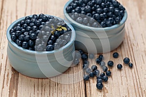 Bilberries on white wooden board background. Healthy eating