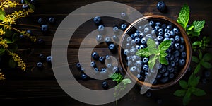 Bilberry banner. Bowl full of bilberries. Close-up food photography background