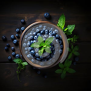 Bilberry banner. Bowl full of bilberries. Close-up food photography background