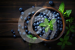 Bilberry banner. Bowl full of bilberries. Close-up food photography background