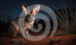Bilby on vast sandy Australian landscape illuminated by the moonlight. Its distinctive long ears are used to locate insects and