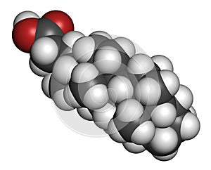 Bile acid (cholic acid, cholate) molecule. Cholic acid is the main bile acid in humans. Atoms are represented as spheres with