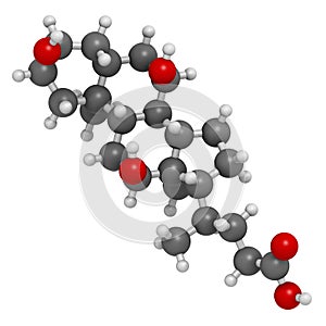 Bile acid (cholic acid, cholate) molecule. Cholic acid is the main bile acid in humans. Atoms are represented as spheres with photo