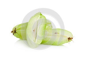 Bilimbi (Averhoa bilimbi Linn.) or cucumber fruit slice on white