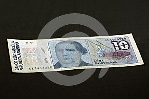 Bill of 10 Australes, an old Argentinian currency
