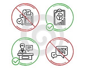 Bill accounting, Exhibitors and Report icons set. Quick tips sign. Vector