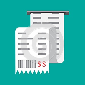 Bill, financial check, reciept. Vector illustration isolated on