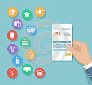 Bill in man hand. Set of service icons. Shopping, check receipt invoice order. Paying bills. Payment of goods, services, utility