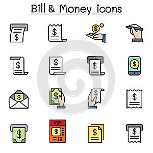 Bill and money color line icon set