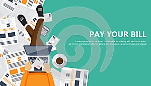 Bill payment design in flat style. Paying bills concept. Man sitting on the floor with lap top and paper bill in his lap. Flat vec