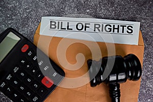 Bill of Rights text with document brown envelope and gavel isolated on office desk