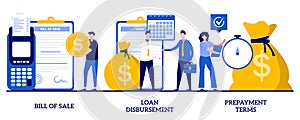 Bill of sale, loan disbursement, prepayment terms concept with tiny people. Financial agreement signing abstract vector
