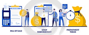 Bill of sale, loan disbursement, prepayment terms concept with tiny people. Financial agreement signing abstract vector photo