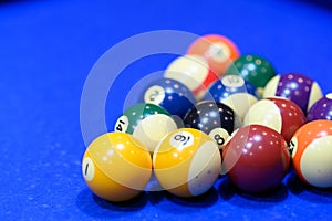 Billard pool game. Billiard balls on blue pool table, Pool game