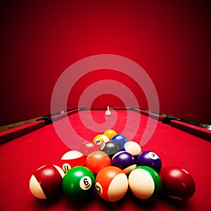 Billards pool game. Color balls in triangle, aiming at cue ball