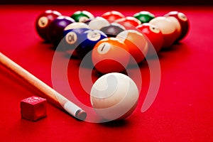 Billards pool game. Cue ball, cue color balls in triangle, chalk photo