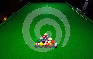 Billards pool game. Green cloth table
