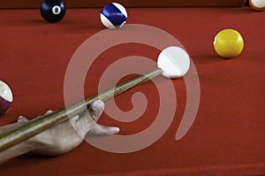 Billards pool game on Table Pool Cue and Balls photo