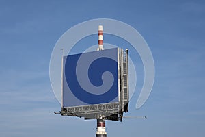 Billboard against clouds and blue sky background. Copy space banner for advertisement. Business Concept