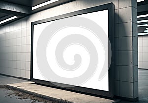 Billboard on clean white underground wall Mockup. Large frame in subway station. Generative Ai