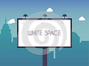 Billboard with copy space text standing high over large city street skyscrapers buildings. Flat design modern vector illustration