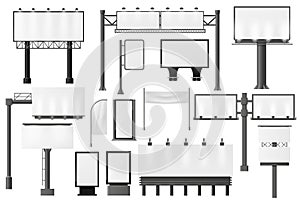 Billboard. Different advertising mockup, blank signage empty construction, outdoor street billboards display vector isolated