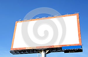 billboard with orange border and blue label for contact information with clear sky