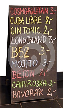 billboard of the pub menu with lots of drinks and the price